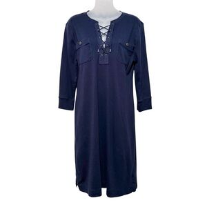 Lauren Jeans Co Ralph Lauren Navy Midi Stretch Dress w/ Lace-Up V Neck